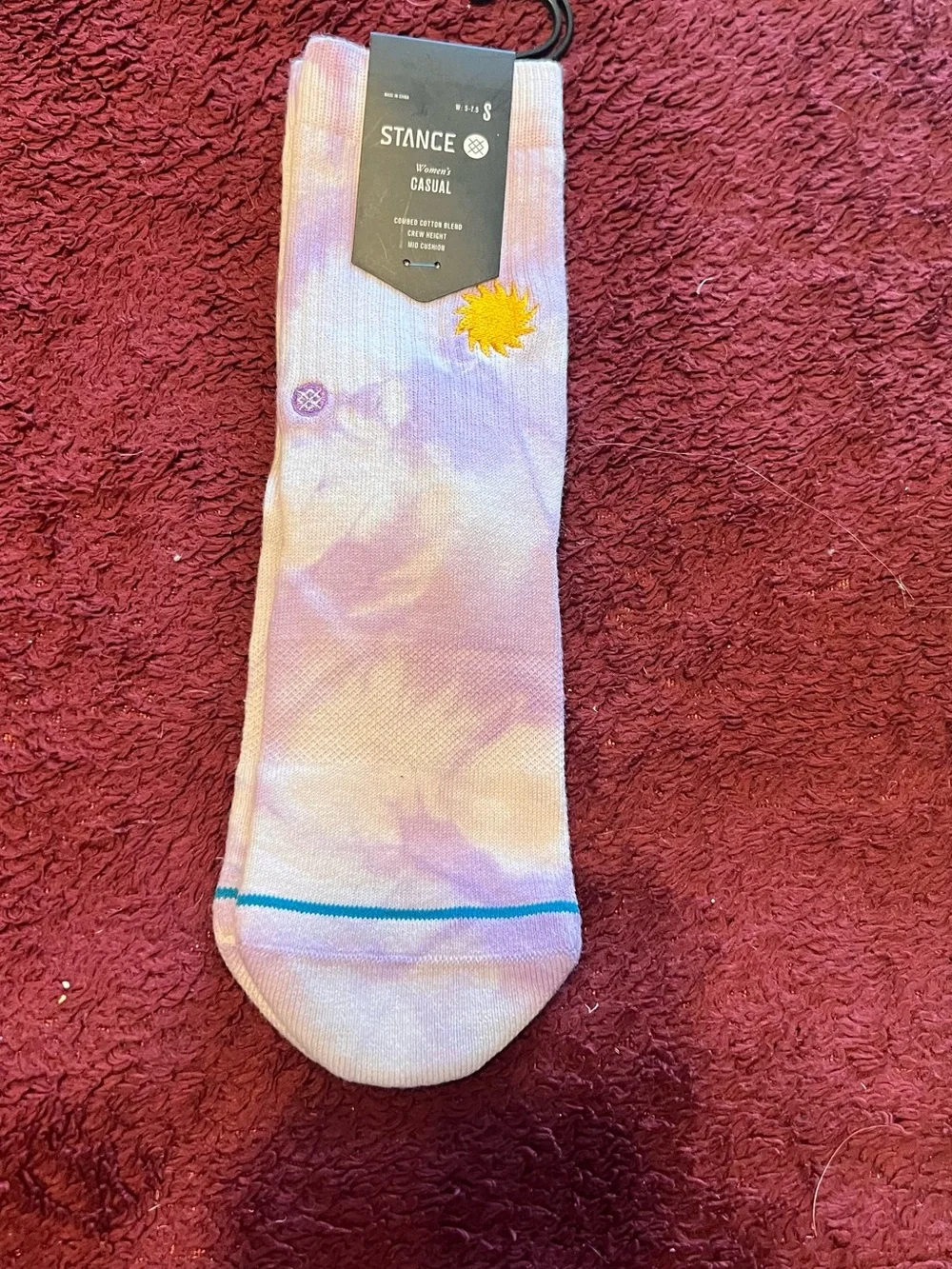 Stance Women’s Casual Tie-Dye Crew Socks - Purple and Yellow Sun Accent